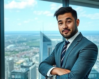 impactful business incentive, confident expression, closing a deal, photorealistic, skyscraper office with panoramic view, highly detailed, bustling cityscape outside the window, ISO 100, metallic and teal, high-contrast lighting, shot with a 50mm lens.
