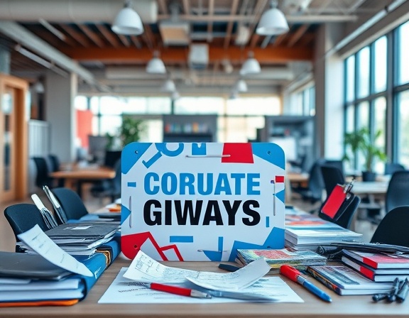 customized corporate giveaways, intriguing, neatly displayed, photorealistic, surrounded by various office supplies in an open-plan workspace, highly detailed, gentle breeze moving paper notes, hyper-realistic precision, vibrant colors, soft diffused lighting, shot with an 85mm lens.