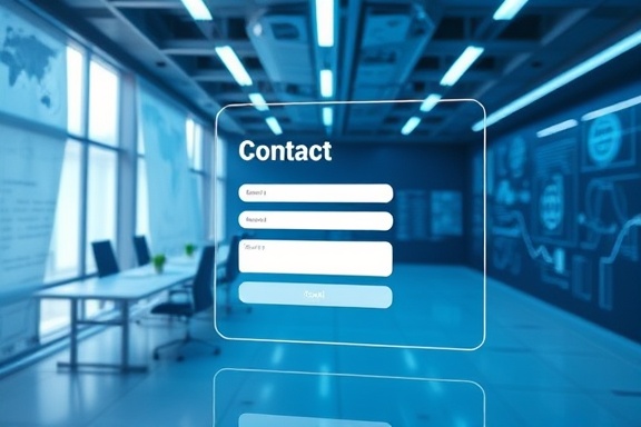 intuitive contact form, user-friendly, displayed on a transparent touchscreen, photorealistic, within a futuristic office space with digital blueprints on walls, highly detailed, soft digital pulses hovering around, focusing on interface clarity, cool blues with pops of bright white, ambient lighting, shot with a wide-angle lens.
