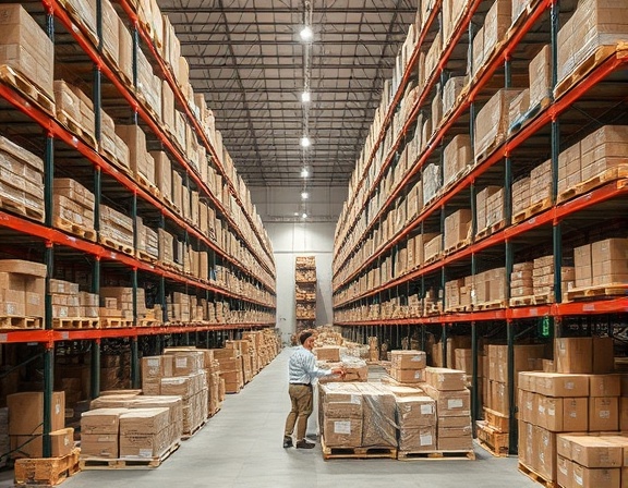 organized fulfillment warehouse, meticulous arrangement, managing packages, photorealistic, expansive interior filled with shelves and boxes, highly detailed, workers loading crates, neutral tones, overhead lighting, shot with a 50mm lens.