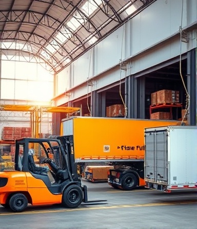precise fulfillment shipping, timely dispatch, coordinating shipments, photorealistic, loading dock with trucks and forklifts, highly detailed, movement of goods, vibrant colors, natural lighting, shot with a telephoto lens.