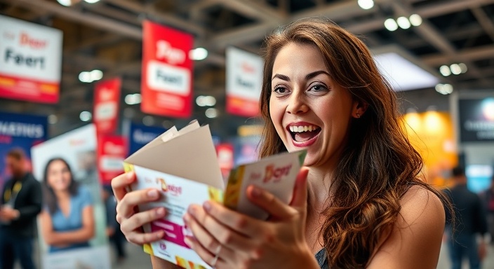 innovative branded giveaways, eager expression, opened by a recipient, photorealistic, exhibition hall with banners in the background, highly detailed, branded logos clearly visible, 1/50s shutter speed, vibrant colors, fluorescent lighting, shot with a 24mm wide-angle lens