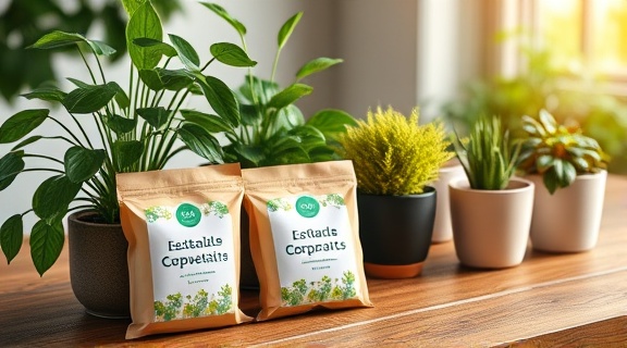 sustainable corporate giveaways, refreshing, harmoniously placed, photorealistic, alongside potted plants on a wooden table, highly detailed, leaves slightly rustling in breeze, eco-friendly precision, earth tones, natural daylight glow, shot with a 90mm tilt-shift lens.