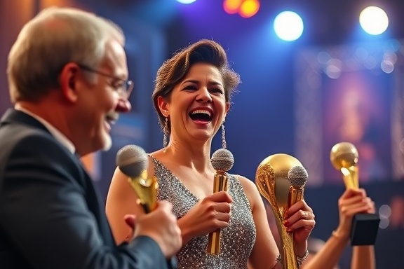 exquisite event prizes, ecstatic expression, being awarded, photorealistic, gala setting with spotlight focused on stage, highly detailed, glittering background, high shutter speed, gold and silver, spotlight lighting, shot with a 70-200mm telephoto lens