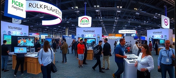 immersive branded engagement, participatory, connecting with consumers, photorealistic, trade show floor bustling with attendees, highly detailed, interactive kiosks and VR setups, panoramic view, saturated colors, mixed lighting, shot with a fisheye lens.