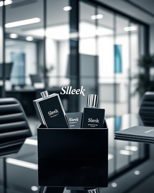 sleek corporate giveaways, sophisticated expression, being displayed on a desk, photorealistic, modern office environment with glass walls, highly detailed, reflections from surfaces, f/2.8, monochrome with hints of blue, natural lighting, shot with an 85mm lens