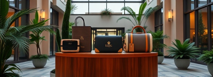 classy corporate swag, admirable, skillfully networked, photorealistic, arranged on a pedestal within an atrium with lush greenery, highly detailed, slight movement of shadows, ultra HD clarity, rich mahogany and cream palette, evening mood lighting, shot with a 35mm wide-angle lens.