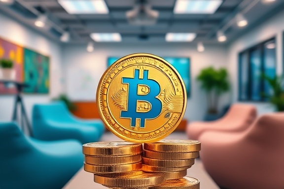 innovative corporate tokens, delightful, dynamically positioned, photorealistic, amidst a vibrant tech startup environment with beanbags and whiteboards, highly detailed, slight movement of screen reflections, pinpoint focus, pastel shades, artificial ceiling lights illuminating, shot with a 100mm macro lens.