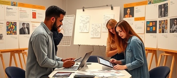 dynamic branded collaboration, synergistic, merging unique talents, photorealistic, creative studio with mood boards and sketches, highly detailed, team brainstorming with digital tablets, portrait capture, warm colors, backlit setting, shot with a 50mm lens.