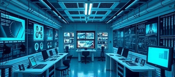 cutting-edge branded innovation, visionary, pioneering new markets, photorealistic, futuristic lab with high-tech gadgets, highly detailed, digital interfaces and prototypes, wide shot, cool color temperatures, overhead lighting, shot with a wide-angle lens.