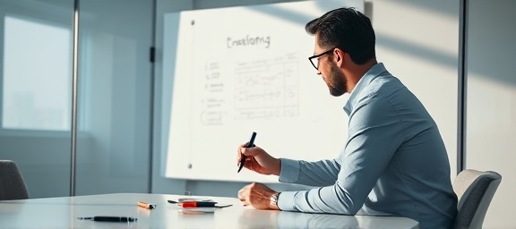 strategic incentive strategy, contemplative expression, sketching on a whiteboard, photorealistic, a minimalist meeting room with glass walls, highly detailed, pens scattered on a desk, f/4, cool whites, diffused sunlight, shot with a 70mm lens.