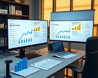 holistic incentive strategy, analytical expression, working with charts, photorealistic, tech-driven office with dual monitors, highly detailed, graphs turning 3D, ISO 250, neutral warm, mixed lighting, shot with a 40mm lens.