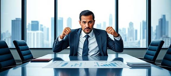 efficient business incentive, determined expression, unveiling a graph, photorealistic, a boardroom with city skyline view, highly detailed, animated financial charts on the table, f/2.8, cobalt and grey palette, natural daylight, shot with a 50mm lens.