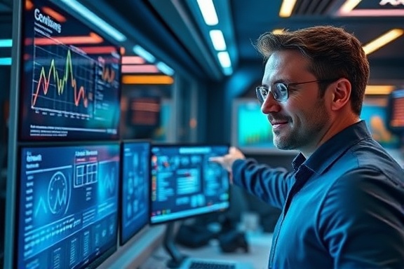 comprehensive incentive program, proud expression, pointing at a digital screen, photorealistic, futuristic workspace with interactive displays, highly detailed, animated lines highlighting key data points, ISO 400, electric blues, LED ambient lighting, shot with a 28mm lens.