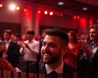 rewarding incentive rewards, ecstatic expression, receiving applause, photorealistic, company awards ceremony with stage lighting, highly detailed, audience in motion, f/3.5, bold reds, spotlight effect, shot with a 135mm lens.
