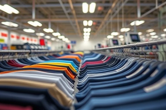 expressive apparel printing, meticulous, ensuring quality control, photorealistic, situated in a bright space with rows of completed garments, highly detailed, fluid workflow, macro perspective, bold colors, overhead LED lighting, shot with a Canon EF 100mm f/2.8L Macro IS USM lens.