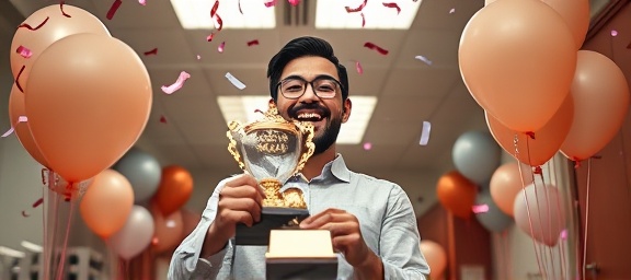 engaging incentive rewards, joyful expression, holding a trophy, photorealistic, an office celebration with balloons around, highly detailed, bubbly confetti floating down, ISO 200, warm pastels, overhead lighting, shot with a 24mm lens.