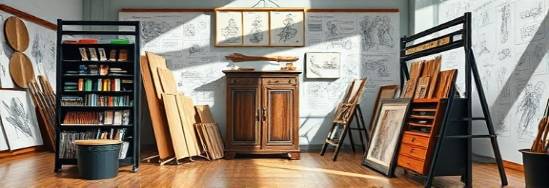 innovative promotional design, imaginative, conceptualizing graphics, photorealistic, art studio filled with sketches, highly detailed, moving brushes, 50mm, mixed colors, soft shadows, captured with a Leica Summicron-M 50mm f/2
