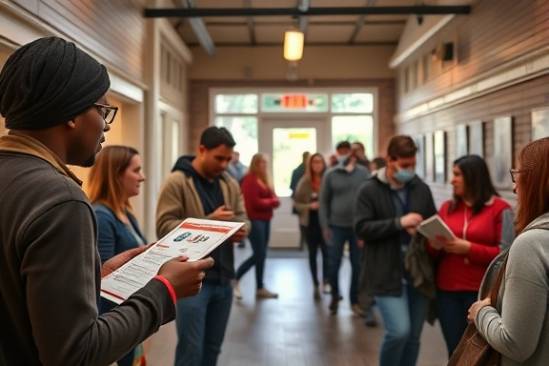 targeted promotional campaigns, precise, engaging niche audiences, photorealistic, neighborhood community center, highly detailed, flyers being distributed, 24mm, casual aesthetics, gentle natural light, shot with a Nikon 24-70mm f/2.8G ED