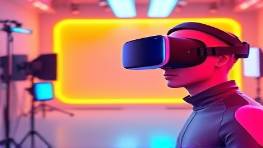 modern promotional strategy, futuristic, utilizing virtual reality, photorealistic, high-tech studio with VR gear, highly detailed, virtual representations, 70mm, neon hues, futuristic lighting, shot with a Sony FE 35mm f/1.4 GM