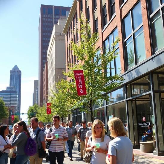Sunny Uptown Charlotte NC with people enjoying promotional products