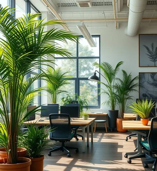 eco-friendly promotional strategy, sustainable, promoting green initiatives, photorealistic, green office space with recycled decor, highly detailed, swaying indoor trees, 24mm, eco-green palette, natural sunlight, shot with a Panasonic Lumix G 25mm f/1.7